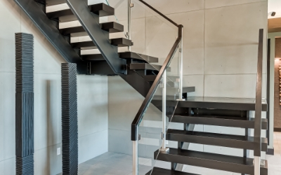 Steel Floating Stair with SS Posts and Glass Panels